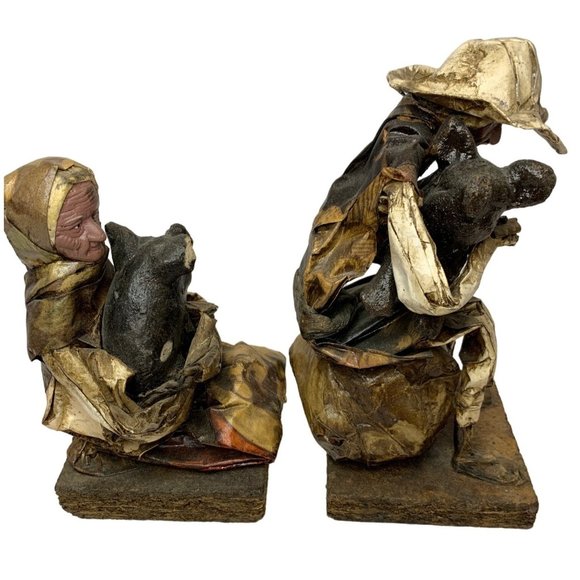 Vintage Pair Mexican Folk Art Paper Mache Sitting Holding Pig Handmade - Picture 6 of 12